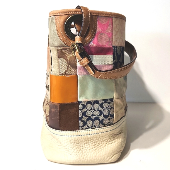 Coach Patchwork Leather Suede Canvas Signature Large Bucket Shoulder Bag - Picture 9 of 13